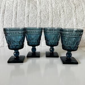 Indiana Glass Colony Park Lane Vintage Teal Blue Water Glass Goblet 5 1/2” Set 4
